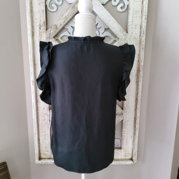 Nanette Lepore Women's Flutter Sleeve Ruffle Neck V-Neck Pullover Top in Black - Picture 5 of 8